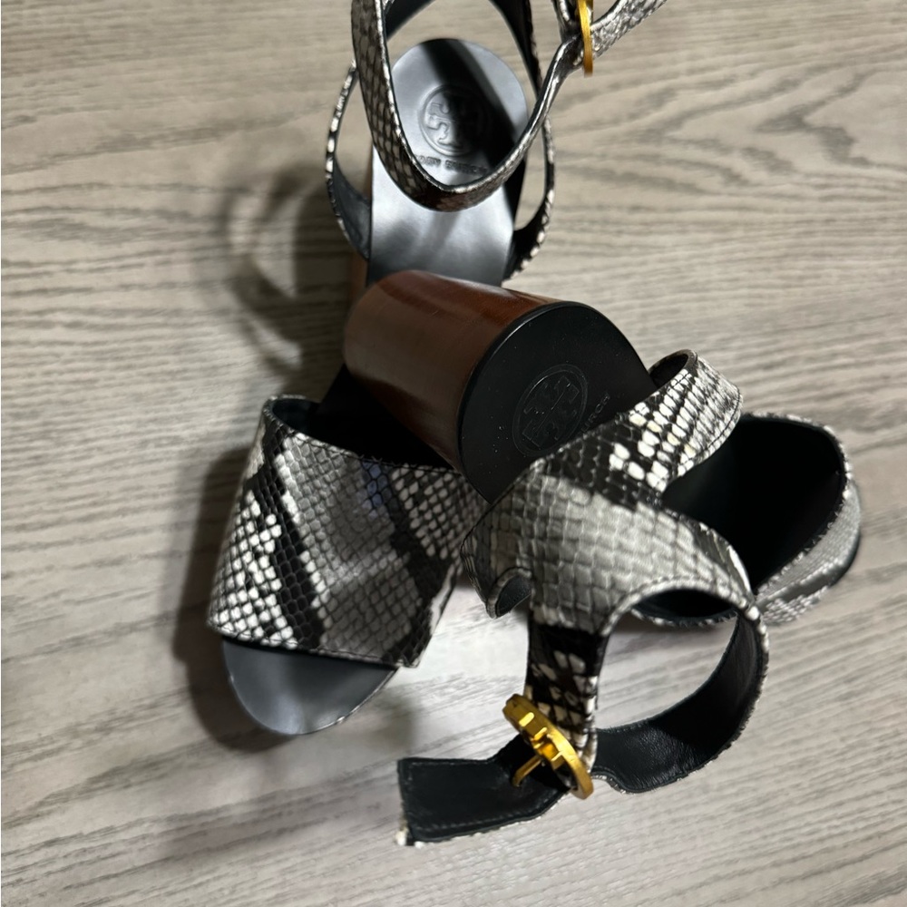 Tory Burch Camilla Leather Snake Print Wooden Platform Sandals